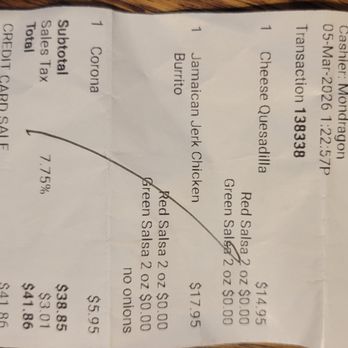 Rasta Taco - Receipt showing over charge for cheese quesadilla - Mexican Near Me - Laguna Beach, California Rasta Taco - Receipt showing over charge for cheese quesadilla - Mexican Near Me - Laguna Beach, California