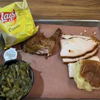 Big Bob Gibson Bar-B-Q - Little Bob Gibson Sampler with Potato Chips Sm and Greens - Barbeque Near Me - Decatur, Alabama