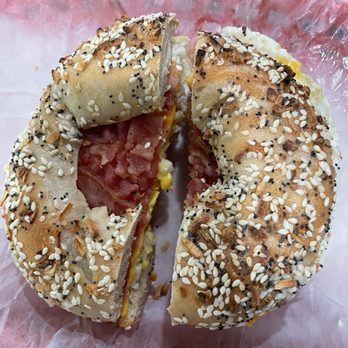 Bagel Station - Bacon fried egg and cheese on an everything bagel - Bagels Near Me - Winston Salem, North Carolina Bagel Station - Bacon fried egg and cheese on an everything bagel - Bagels Near Me - Winston Salem, North Carolina