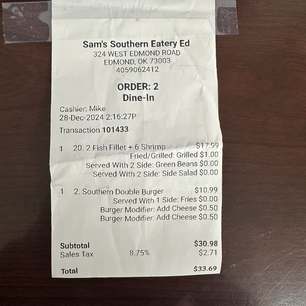 Sam's Southern Eatery - Receipt - Southern Near Me - Edmond, Oklahoma