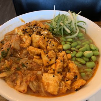 Momona - Vegan ramen, house made kimchi (amazing), spicy tofu and edamame. So freakin good! - Ramen Near Me - Chico, California