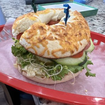 Bagel Street Cafe - Egg salad sandwich on a cheddar bun - Bagels Near Me - Rocklin, California Bagel Street Cafe - Egg salad sandwich on a cheddar bun - Bagels Near Me - Rocklin, California