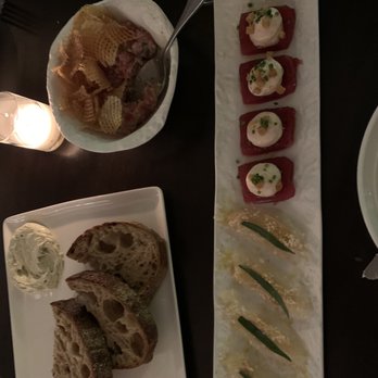 Vernick Fish - Top left: Spicy tuna tartare, tuna foie gras mousse, fluke brown butter hazelnut and their bread with a really whipped butter - Seafood Near Me - Philadelphia, Pennsylvania Vernick Fish - Top left: Spicy tuna tartare, tuna foie gras mousse, fluke brown butter hazelnut and their bread with a really whipped butter - Seafood Near Me - Philadelphia, Pennsylvania