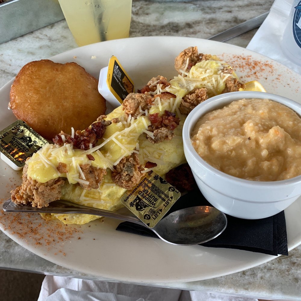 Bay Local Eatery - Willis Wharf Omelet with oysters, cheesy grits, and a fried biscuit! - New American Near Me - Virginia Beach, Virginia Bay Local Eatery - Willis Wharf Omelet with oysters, cheesy grits, and a fried biscuit! - New American Near Me - Virginia Beach, Virginia