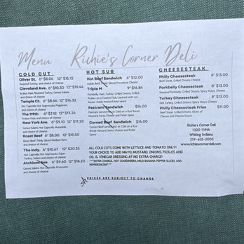 Richie's Corner Deli - Menu - Burgers Near Me - Whiting, Indiana