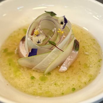 Paju - Yellowtail; Naengmyeon Broth, Lemon Verbena, Turnip - Korean Near Me - Seattle, Washington Paju - Yellowtail; Naengmyeon Broth, Lemon Verbena, Turnip - Korean Near Me - Seattle, Washington