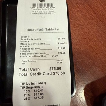 Taqueria Coatzingo - After I brought to the servers concern. He didn't look to happy to adjust it. The receipt should have come like this at first. - Mexican Near Me - Jackson Heights, New York Taqueria Coatzingo - After I brought to the servers concern. He didn't look to happy to adjust it. The receipt should have come like this at first. - Mexican Near Me - Jackson Heights, New York
