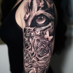 Black Hive Ink and Arts - Black & Grey Tigress and Cubs concept by Chino @chinkaliftattoos