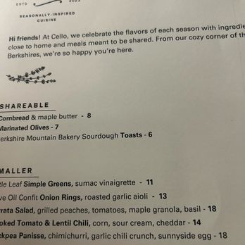 Cello - The days menu - New American Near Me - Lenox, Massachusetts Cello - The days menu - New American Near Me - Lenox, Massachusetts