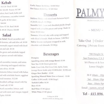 Palmyra - Menu - Mediterranean Near Me - San Francisco, California
