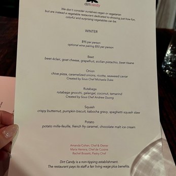 Dirt Candy - Winter menu 2023 - Vegetarian Near Me - New York, New York