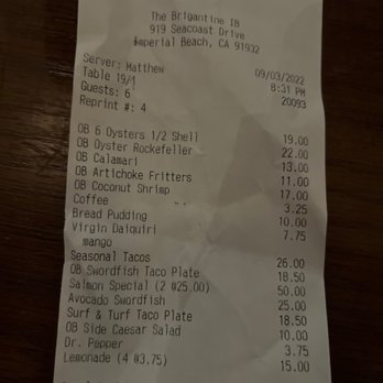 Brigantine - Receipt - Seafood Near Me - Imperial Beach, California Brigantine - Receipt - Seafood Near Me - Imperial Beach, California