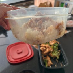 The amount of rice given. It was on one side of the container and then under the chicken and broccoli as well Super misleading. The amount of rice given. It was on one side of the container and then under the chicken and broccoli as well Super misleading.