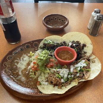 Ay Mi Mexico Restaurant - Taco plate (2) alambre and (2) carnitas w/side of refried beans/cheese. - Mexican Near Me - Albuquerque, New Mexico