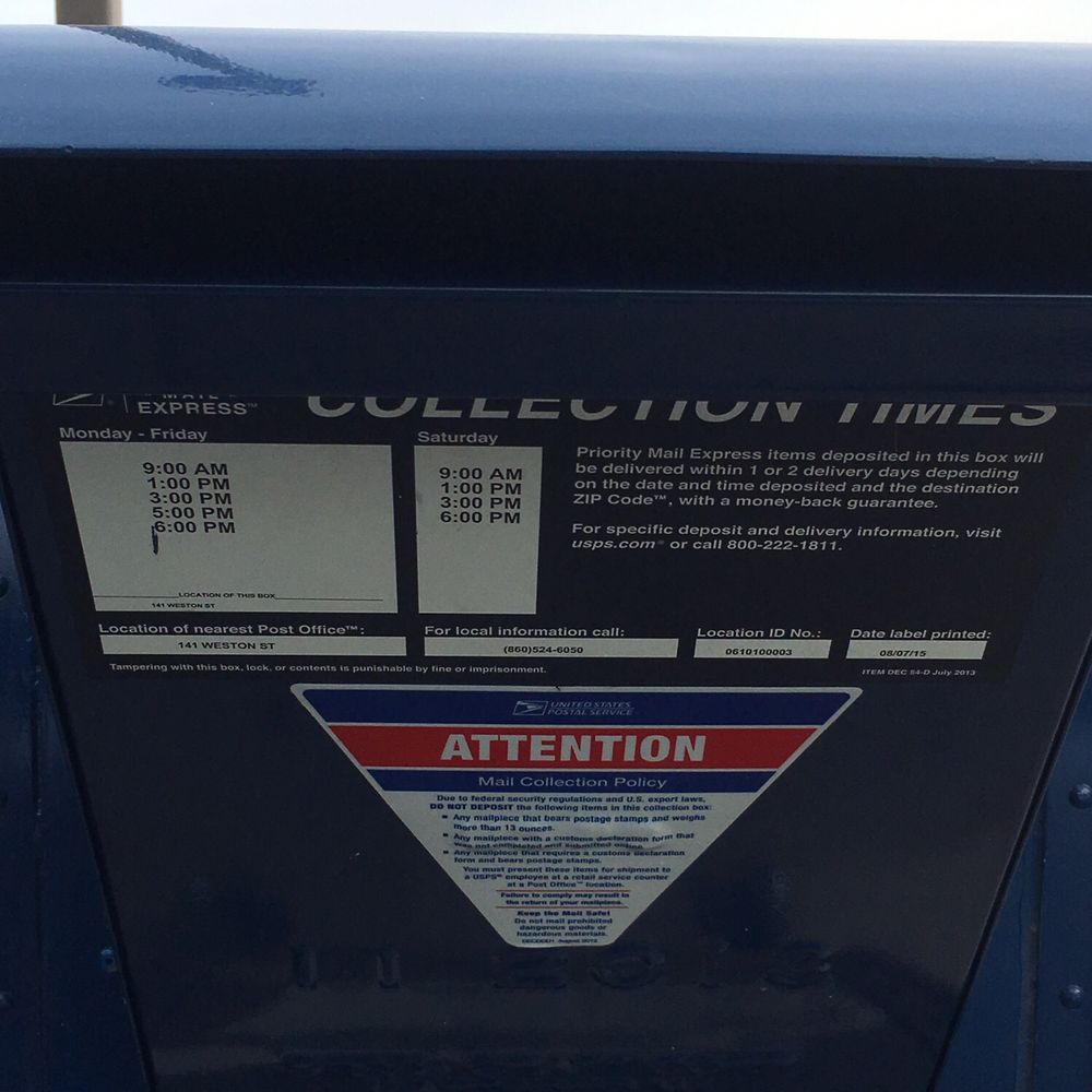 US Post Office - Pick up times at this drive up mailbox... - Post Offices Near Me - Hartford, Connecticut US Post Office - Pick up times at this drive up mailbox... - Post Offices Near Me - Hartford, Connecticut