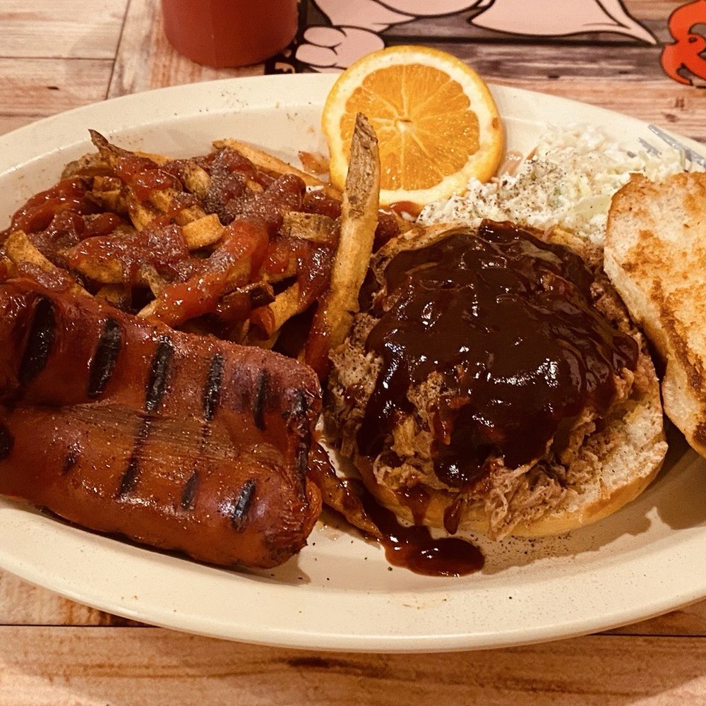 Grumpy Jake's BBQ - Pulled Pork Sandwich "The Pig" w/ Cowboy Fries and a Hot Link on the side and some coleslaw! - Barbeque Near Me - Pinetop-Lakeside, Arizona Grumpy Jake's BBQ - Pulled Pork Sandwich "The Pig" w/ Cowboy Fries and a Hot Link on the side and some coleslaw! - Barbeque Near Me - Pinetop-Lakeside, Arizona