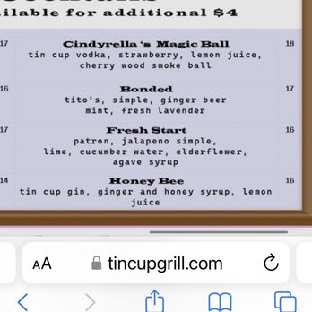 Tin Cup Grill - Drink menu - Cocktail Bars Near Me - Cumming, Georgia Tin Cup Grill - Drink menu - Cocktail Bars Near Me - Cumming, Georgia
