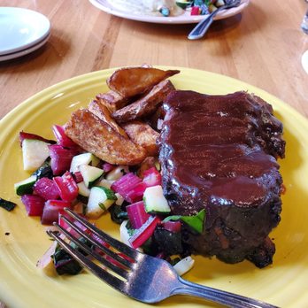 Chester Common Table - Foreground: BBQ ribs, zucchini and swiss chard, potato wedges. Background: salmon special. - Comfort Food Near Me - Chester, Massachusetts