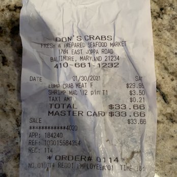 Don's Crabs - Receipt from the purchase. Rip off! - Seafood Near Me - Parkville, Maryland
