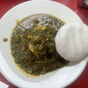 United Sisters Restaurant - Okra soup with dried fish and pounded yam - African Near Me - Houston, Texas United Sisters Restaurant - Okra soup with dried fish and pounded yam - African Near Me - Houston, Texas