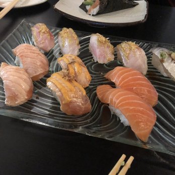One Piece Sushi - Upper Left to Right: Tai and Mackerel Bottom Left to Right: Seared Sake, Smoked Sake, Sake - Japanese Near Me - Millbrae, California