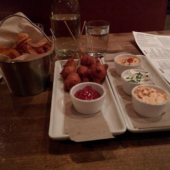 Whiskey Cake - Dips and spreads with kettle chips, and wagyu corn dogs - New American Near Me - Plano, Texas Whiskey Cake - Dips and spreads with kettle chips, and wagyu corn dogs - New American Near Me - Plano, Texas
