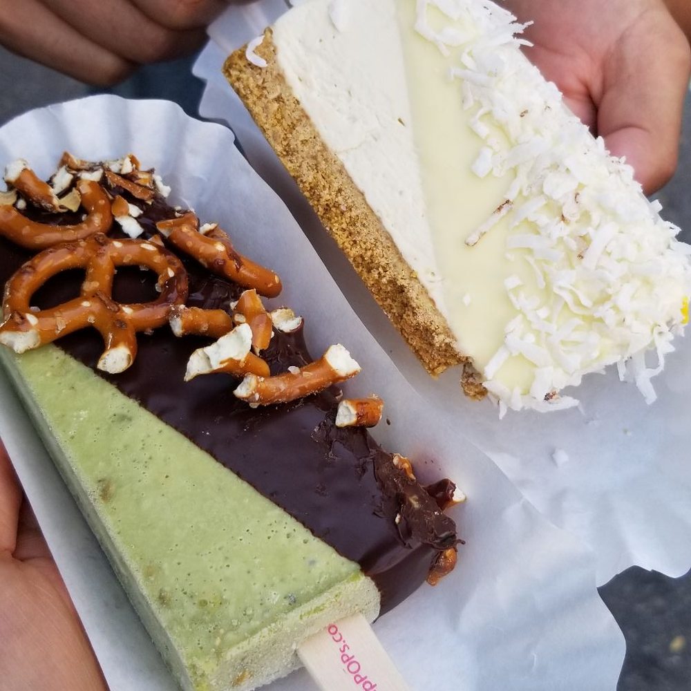 HipPOPs - Left - Pistachio gelato, semi sweet chocolate, salted pretzels *chef's kiss* Right - Cheesecake, white chocolate, shredded coconut - Ice Cream & Frozen Yogurt Near Me - Sheridan, Colorado HipPOPs - Left - Pistachio gelato, semi sweet chocolate, salted pretzels *chef's kiss* Right - Cheesecake, white chocolate, shredded coconut - Ice Cream & Frozen Yogurt Near Me - Sheridan, Colorado