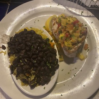 Juno Beach Fish House - Swordfish with mango salsa and black beans + rice - Seafood Near Me - Juno Beach, Florida