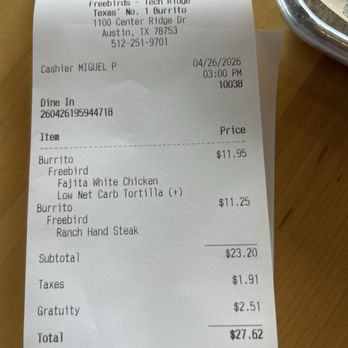 Freebirds World Burrito - Bill for two, no drinks - Mexican Near Me - Austin, Texas Freebirds World Burrito - Bill for two, no drinks - Mexican Near Me - Austin, Texas