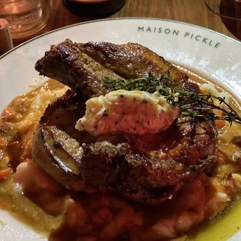 Maison Pickle - Pork chop, mashed potatoes with Apple compote. "Center Cut Berkshire Pork Chops" - Cocktail Bars Near Me - New York, New York