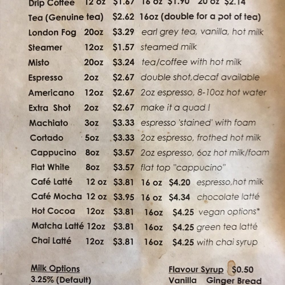 The Only Cafe - Menu (May 2018) - Coffee & Tea Near Me - Toronto, Ontario