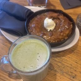 Caramel roll and pistachio matcha latte