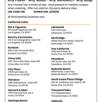 Corner Bakery - Participating Locations - Sandwiches Near Me - Santa Ana, California