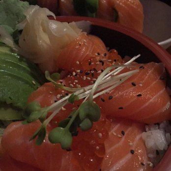 Kiku Sushi - Alaska Roll in the background and the main dish you see is the salmon bowl. - Japanese Near Me - Monrovia, California Kiku Sushi - Alaska Roll in the background and the main dish you see is the salmon bowl. - Japanese Near Me - Monrovia, California