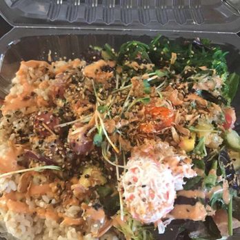 Ahipoki - Large half & half with brown rice, tuna luau, salmon, and albacore! - Seafood Near Me - Long Beach, California Ahipoki - Large half & half with brown rice, tuna luau, salmon, and albacore! - Seafood Near Me - Long Beach, California