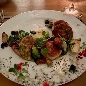 Dixboro Project - BROWN BUTTER SEARED SCALLOPS - wood-fired brussels, guanciale, kimizu sauce This also had these little savory pancake things. The scallops - Breakfast & Brunch Near Me - Ann Arbor, Michigan