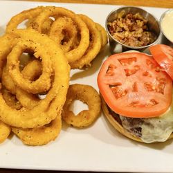 Morgan's Tavern - 9/26 1/2lb backyard burger with a side of lemon pepper onion rings