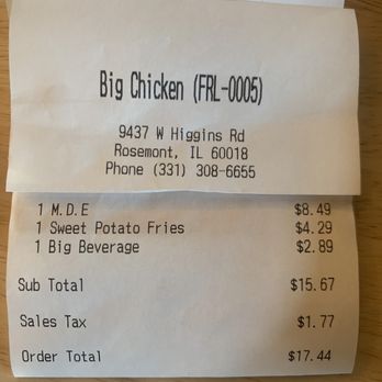 Big Chicken - Receipt - Burgers Near Me - Rosemont, Illinois Big Chicken - Receipt - Burgers Near Me - Rosemont, Illinois