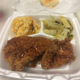 Fried chicken, Mac & Cheese, Cabbage, and a roll!!! They cater to my job EVERY Thursday and EVERY Thursday they get my money!!!!
