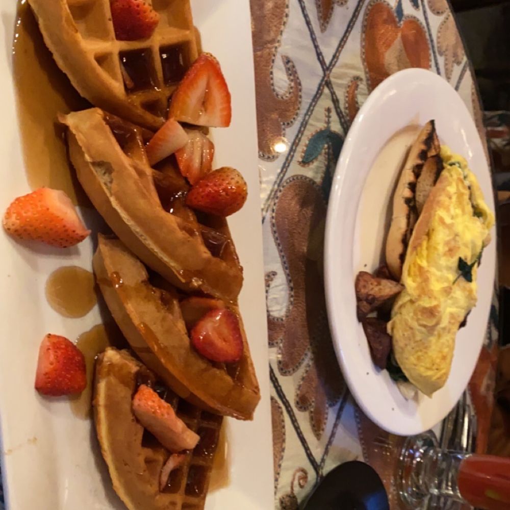 CAV Restaurant - Strawberry Belgium Waffle Omelet with Sauteed Fresh Spinach, Feta Cheese and Mushrooms - New American Near Me - Providence, Rhode Island CAV Restaurant - Strawberry Belgium Waffle Omelet with Sauteed Fresh Spinach, Feta Cheese and Mushrooms - New American Near Me - Providence, Rhode Island