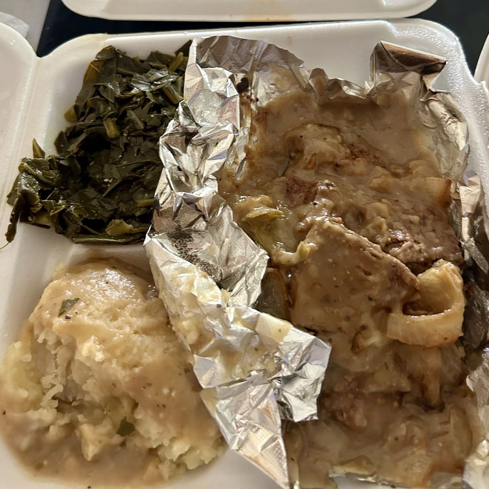 Mr A Ok's Kitchen - Dinner liver & onions, so tender and meaty, breaded lightly, gravy so tasty ---puts Luby's  to shame! Mashed potatoes & greens. - Soul Food Near Me - San Antonio, Texas