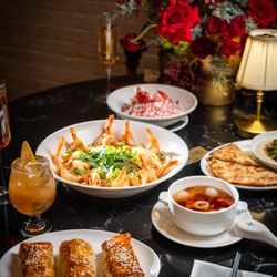 QUA Contemporary Chinese Cuisine - Part of our new Spring Menu: BBQ Pork Puff Pastries, Peach Jujube Soup, Mapo Tofu Dip, Garlic Prawns w/ Glass Noodles, Shaved Snow.