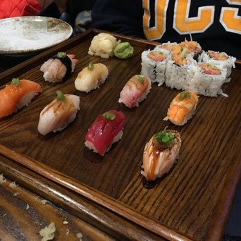 Sakana - Nigiri Dinner, with the fantastic Seared Salmon Belly on the lower right corner. - Sushi Bars Near Me - Cambridge, Massachusetts