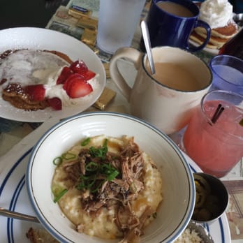 Short Stack Eatery - Small order of cheese grits with pulled pork, a sweet potato oatmeal pancake, and Sting Me cocktail - Breakfast & Brunch Near Me - Madison, Wisconsin Short Stack Eatery - Small order of cheese grits with pulled pork, a sweet potato oatmeal pancake, and Sting Me cocktail - Breakfast & Brunch Near Me - Madison, Wisconsin