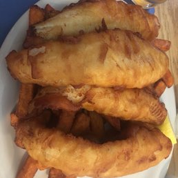 Perch Dinner! 4 HUGE fillets + voice of potato- sweet potato fries, all so good.