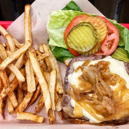 a hamburger and french fries