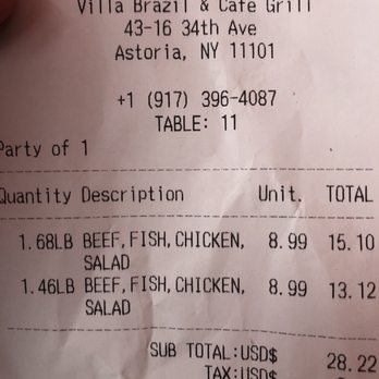 Villa Brazil Cafe Grill - Overcharged for fish (not in food) and salad (didn't go to salad bar) $30 for 2 small meals should have gone out to eat. - Brazilian Near Me - Astoria, New York
