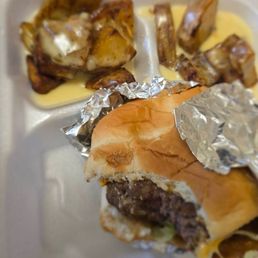 Double cheese burger and cheese fries.