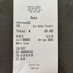 Bon Ton Cleaners - Receipt for cleaning 2 dress shirts and one 2-piece suit