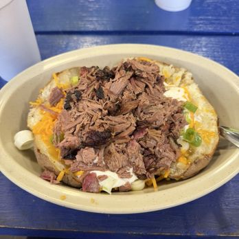 Lyndon's Pit Bar-B-Q - Loaded Baked Potatoes (Brisket) - Barbeque Near Me - Houston, Texas Lyndon's Pit Bar-B-Q - Loaded Baked Potatoes (Brisket) - Barbeque Near Me - Houston, Texas